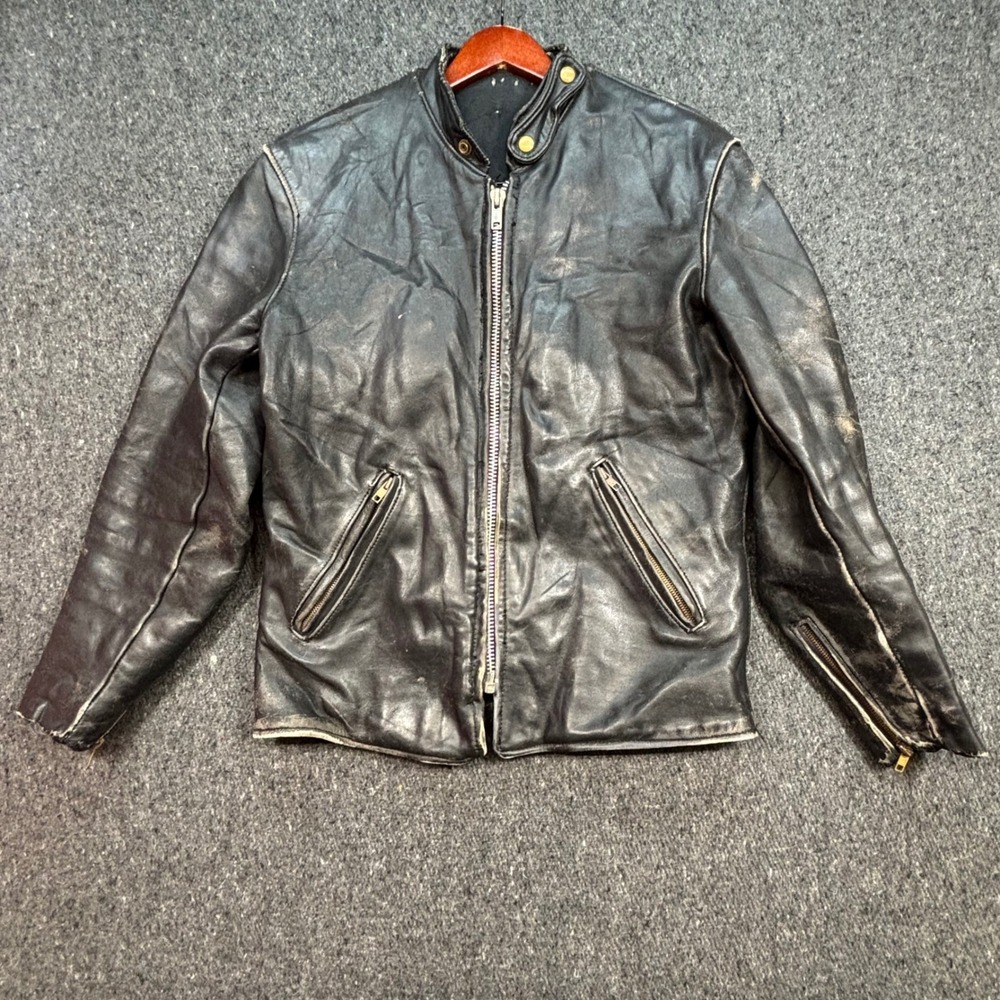 Biker Leather Jacket Sz L Mens Black Grunge Cafe Racer Custom Distressed Heavy